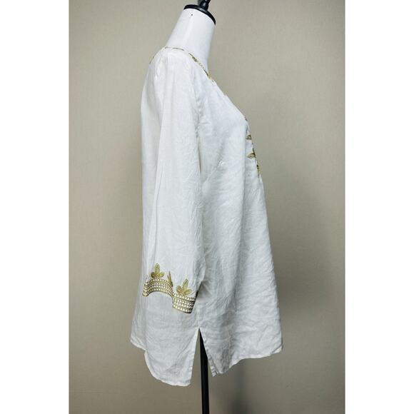 Chelsea & Theodore Size Large Tunic 100% Linen White & Gold Embroidered Casual - Picture 5 of 12